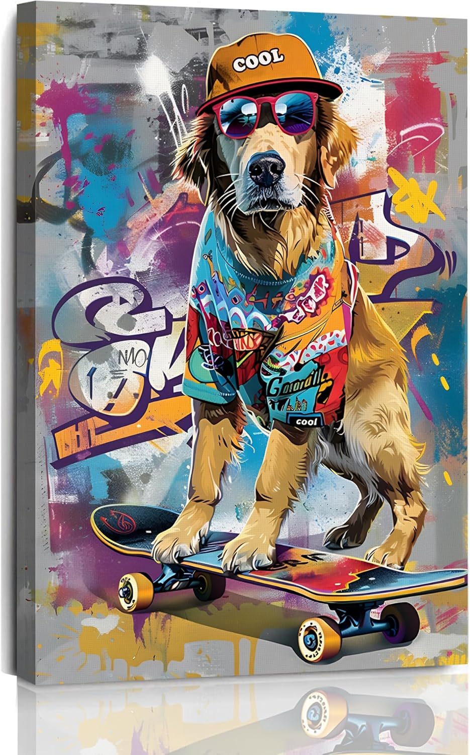 Canvas Wrap Ready - 1p, Lukisan Anjing Berwarna-warni di Kanvas,
